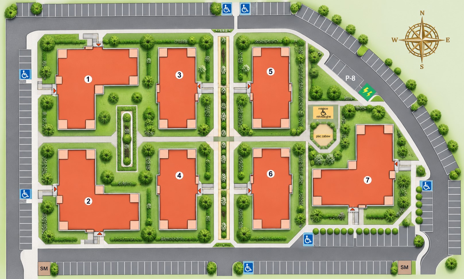 Plan Osiedla Batory z budynkami oznaczonymi numerami od 1 do 7